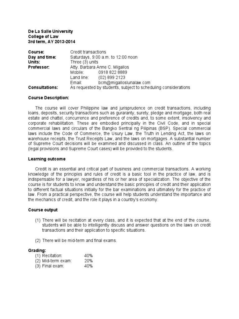 Credit Transactions Course Overview | PDF