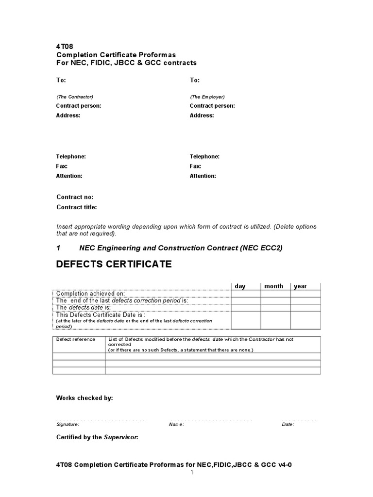 Practical Completion Certificate Template Jct