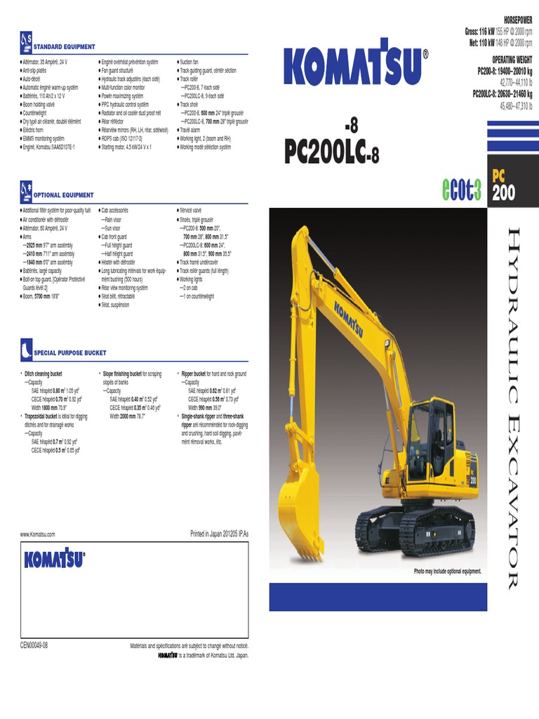 Komatsu PC200-8 Excavator Specifications | PDF | Computer Monitor