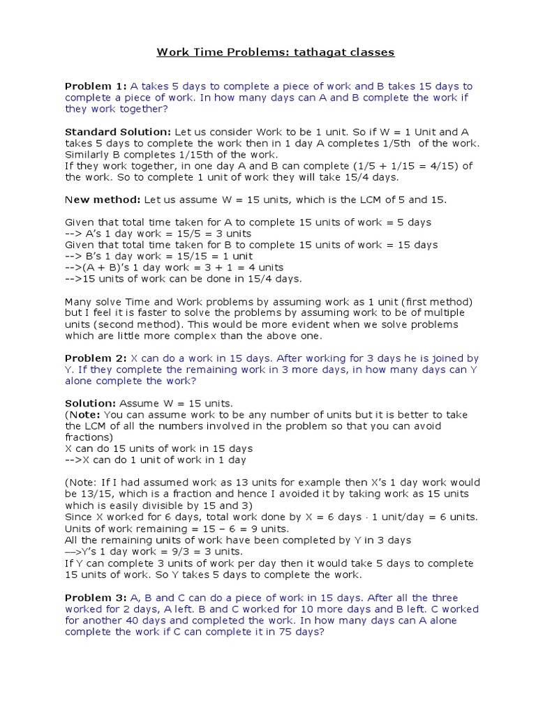 Problems On Time And Work Fraction Mathematics Equations