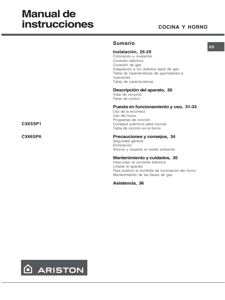 Manual de Uso Cocina Ariston CX65SP1 | PDF | Naturaleza | Informática y ...