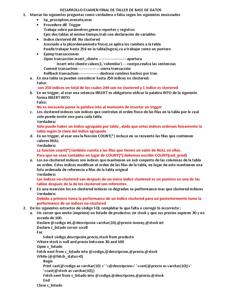 Examen Final Taller de Bases de Datos | PDF | Tabla (base de datos) | SQL
