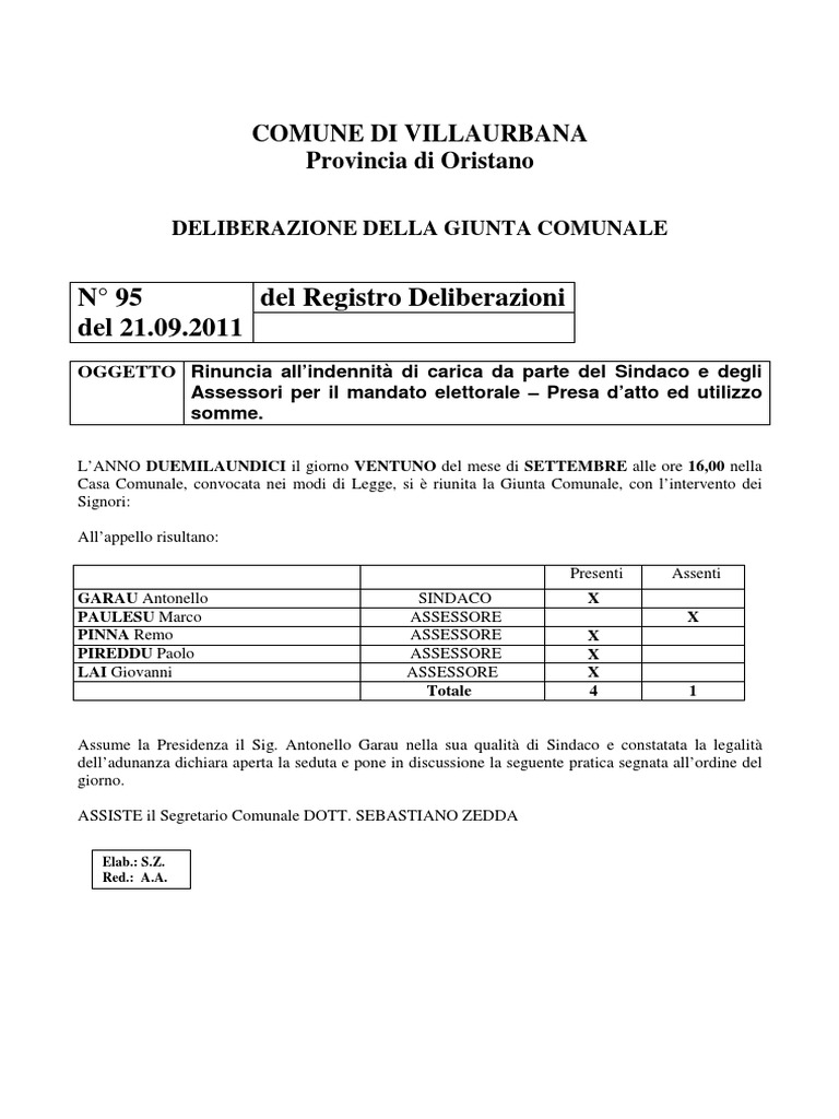 Rinuncia Indennita Di Carica Sindaco e Assessori