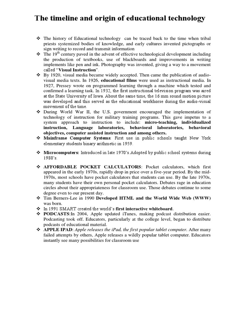 Timeline and History of Educational Technology PDF Educational