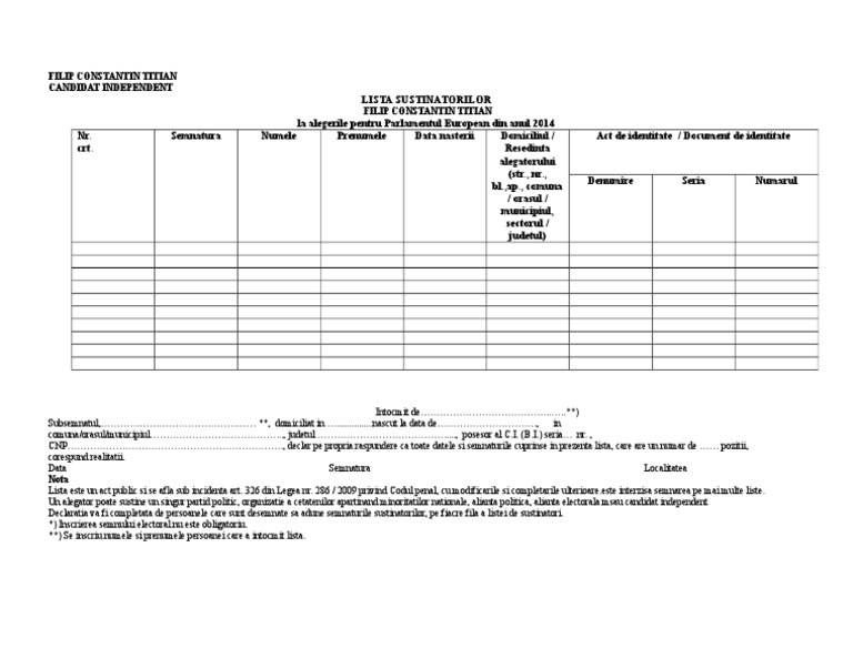 LIsta Cu Sustinatori Pentru Candidat Independent Filip Constantin