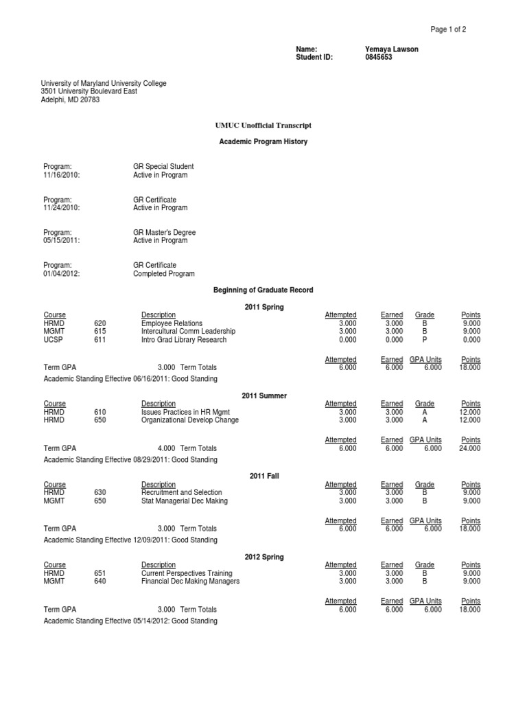 Yemaya Lawson's Unofficial Transcript | PDF