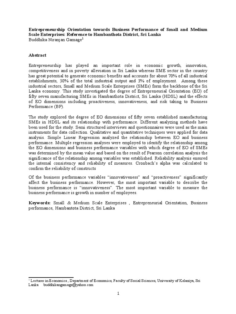 EO Impact on SME Performance in Hambantota | PDF | Small And Medium ...