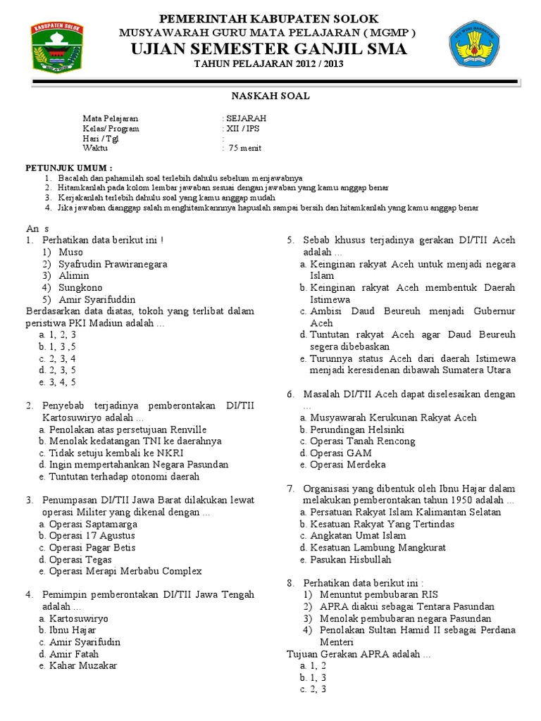 Soal Mid Sejarah Kelas Xii Ips