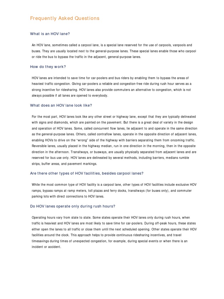 Frequently Asked Questions What Is An HOV Lane? Download Free PDF Lane Traffic