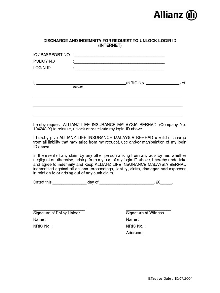 Insurance Login ID Indemnity Form | PDF | Law