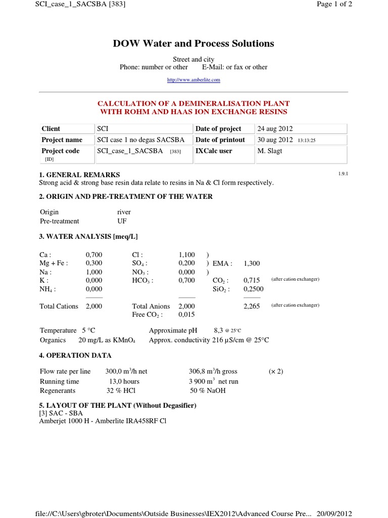 DOW Water and Process Solutions Calculation of A Demineralisation