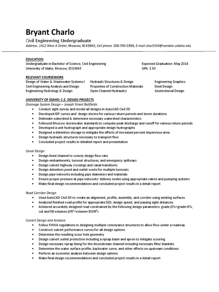 Civil Engineering Resume of Bryant Charlo | PDF | Drainage Basin | Road
