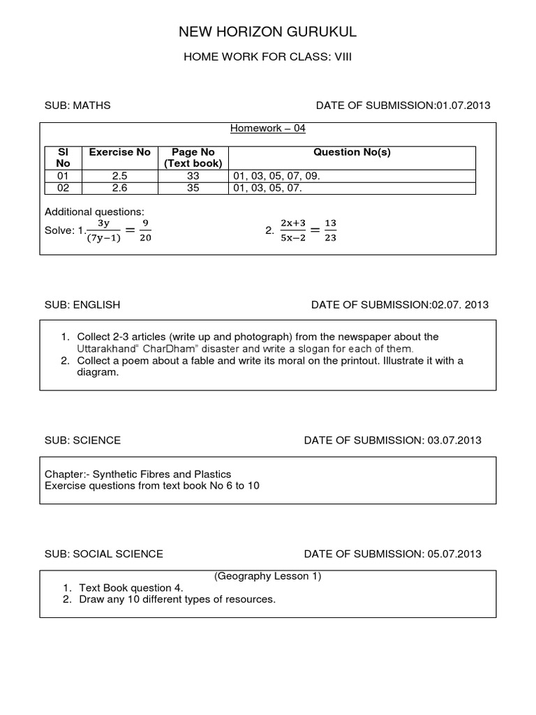 8th Class Homework Assignments | PDF | Science & Mathematics ...