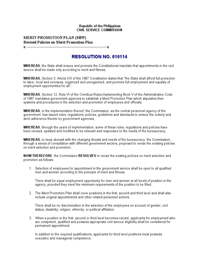 CSC Res 010114 Merit Promotion Plan Civil Service Employment