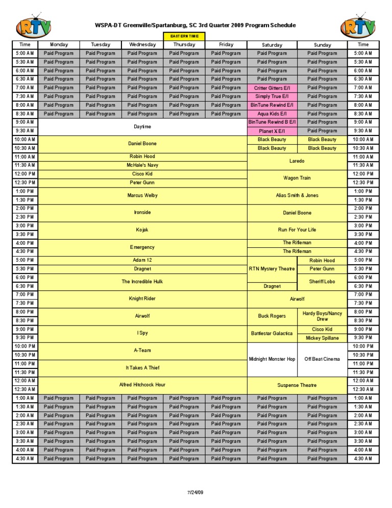 Retro TV Schedule For WSPA TV PDF Leisure