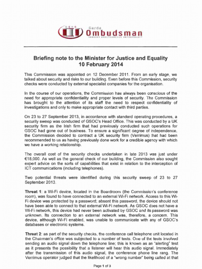 Briefing Note To The Minister For Justice & Equality 10th Feb 2014