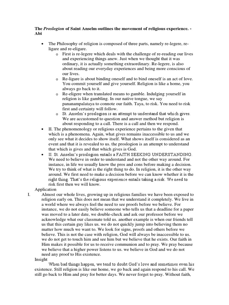 The Proslogion of Saint Anselm Outlines The Movement of Religious
