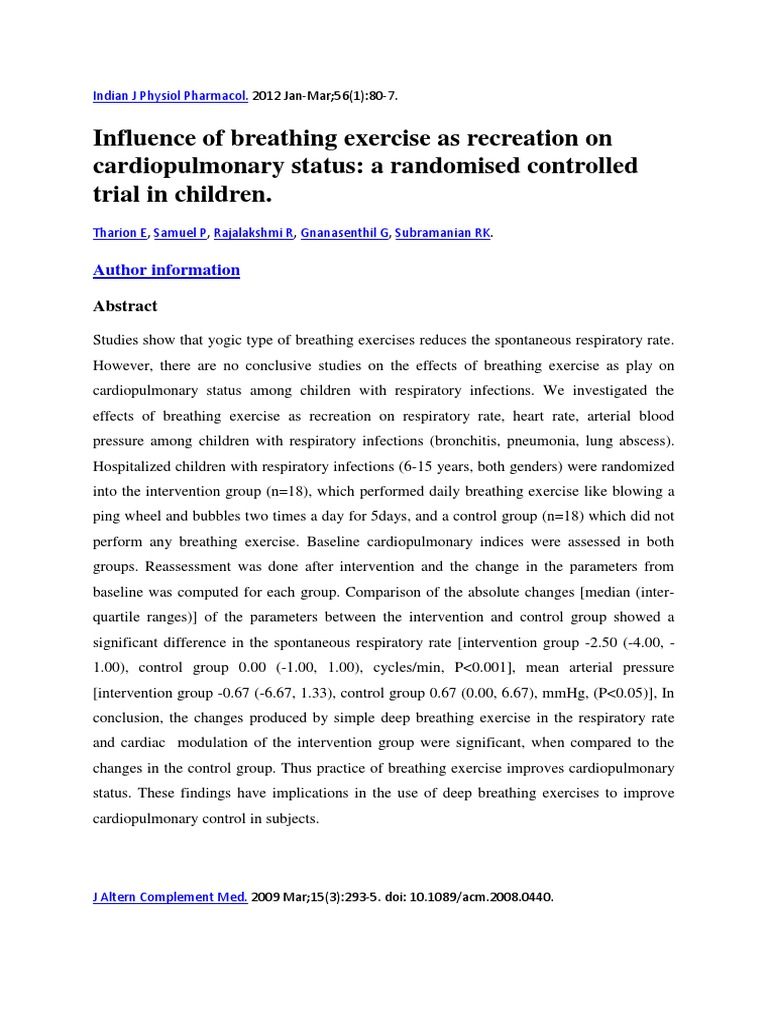 Influence of Breathing Exercise As Recreation On Cardiopulmonary Status ...
