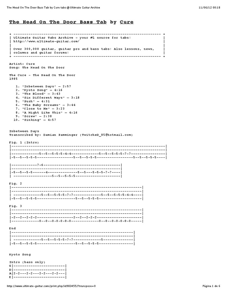 The Head on the Door Bass Tab by Cure Tabs Ultimate Guitar Archive