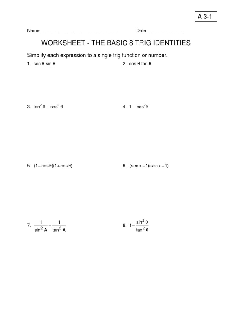 Microsoft Word - A 3-1 Basic 8 Trig Identities | PDF | Sine | Trigonometric  Functions