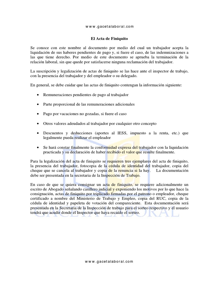 Modelo de Acta de Finiquito Laboral | PDF | Derecho laboral | Salario