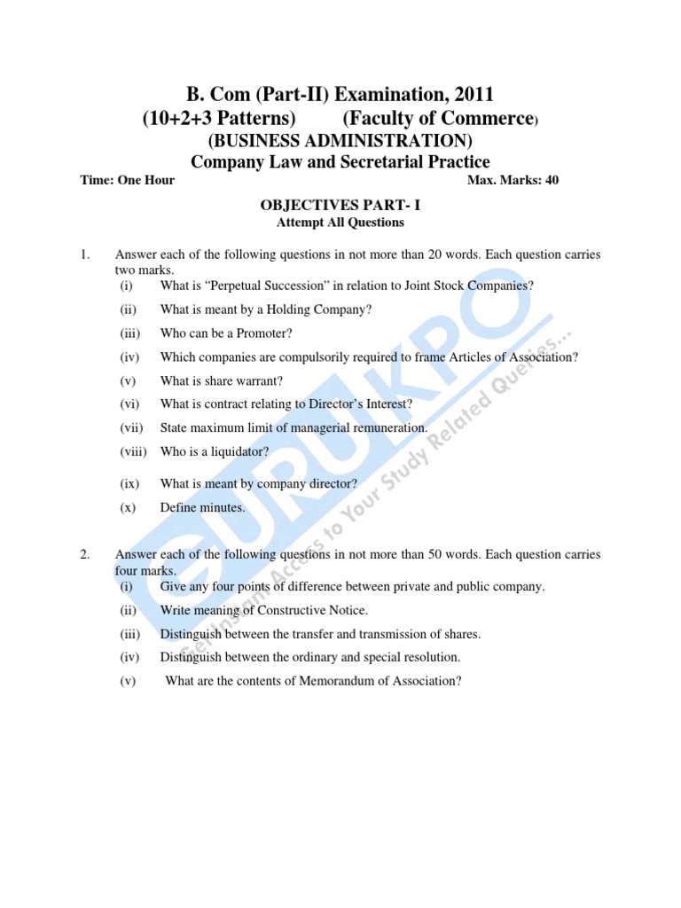 Company Law & Secretarial Practice Exam Papers | PDF | Articles Of ...