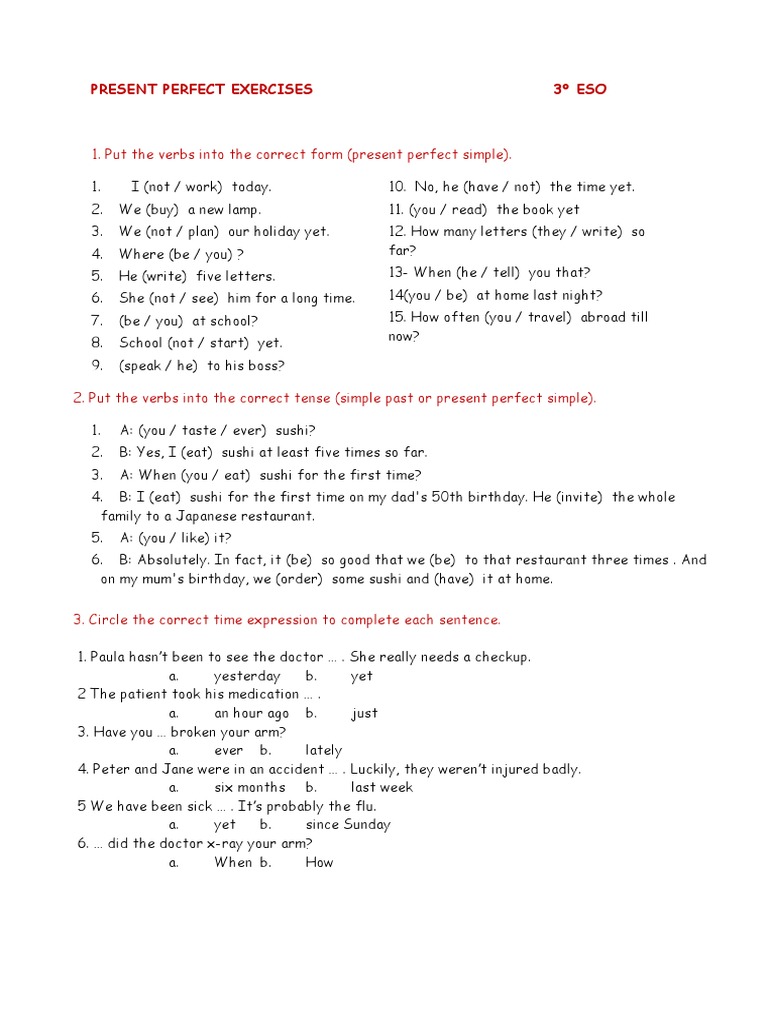 worksheet Past Simple Or Present Perfect Worksheet workbooks present perfect tense worksheets free printable exercises eso grammar verb