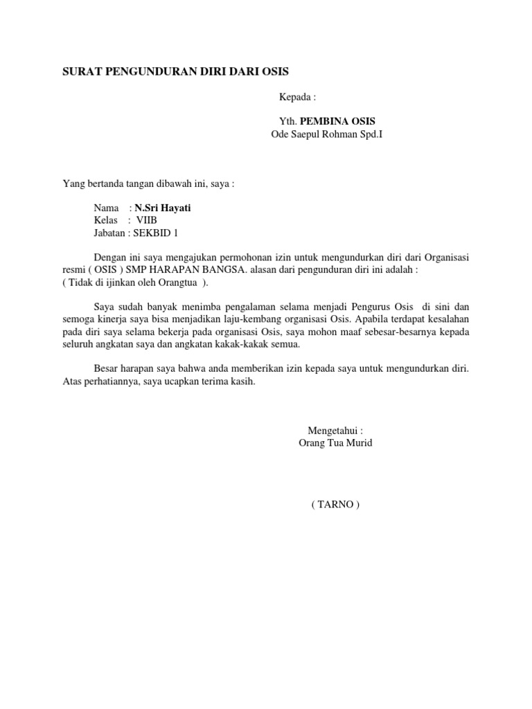Surat Pengunduran Diri Dari Osis