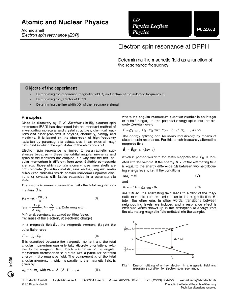 Electron Spin Resonance at DPPH | PDF | Electron Paramagnetic Resonance ...