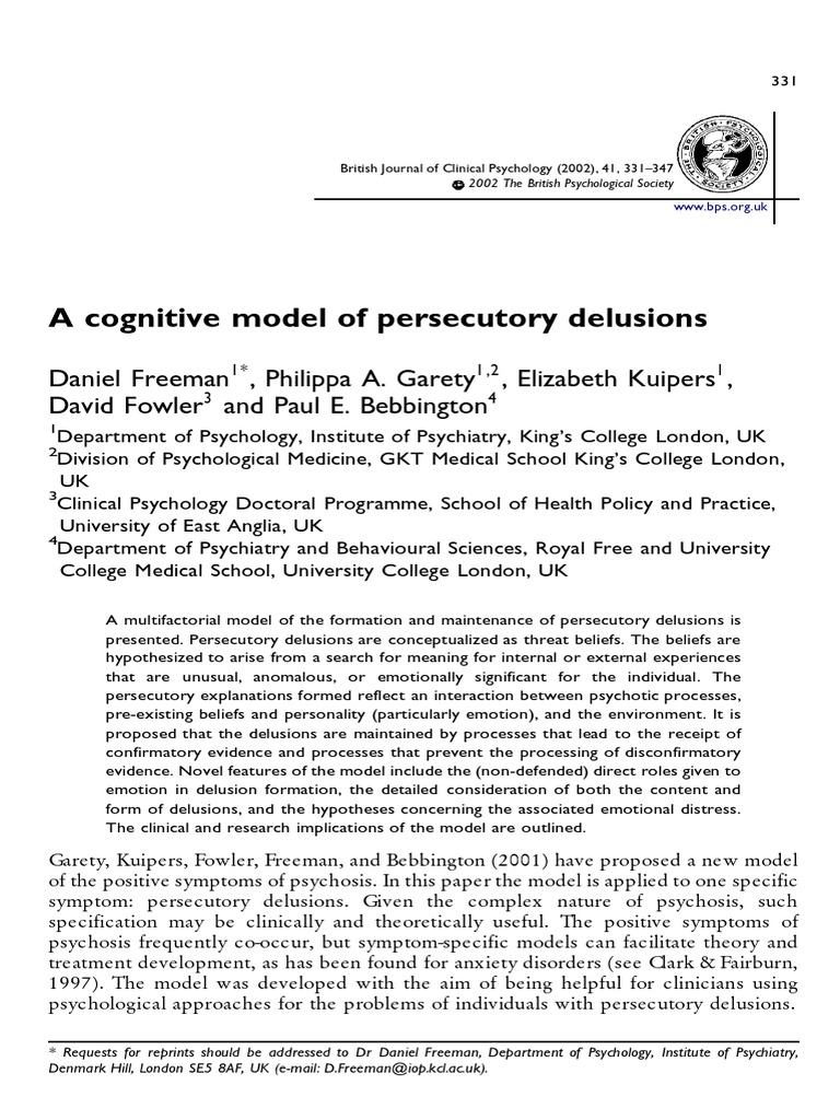 A Cognitive Model Of Persecutory Delusions Delusion Psychosis