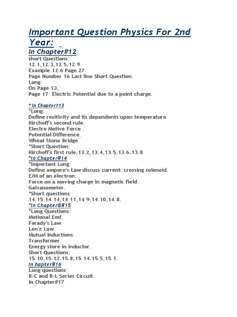 Important Question Physics For 2nd Year | PDF | Business