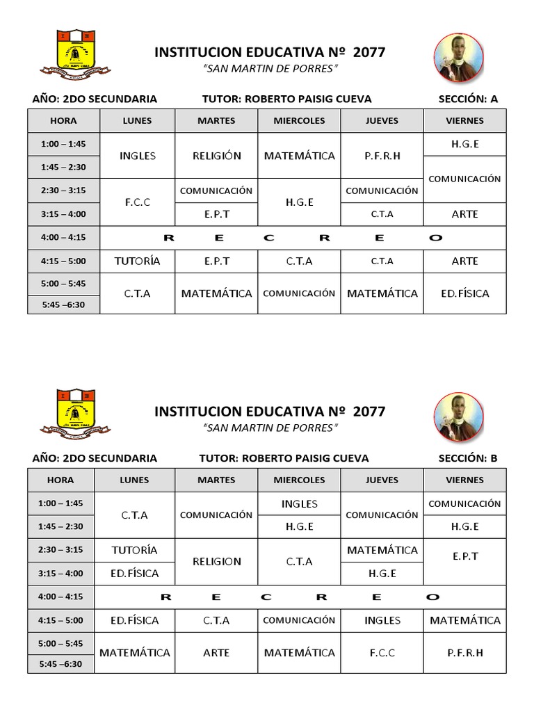 Horario de Clases 2do Secundaria 2025 | PDF | Arte