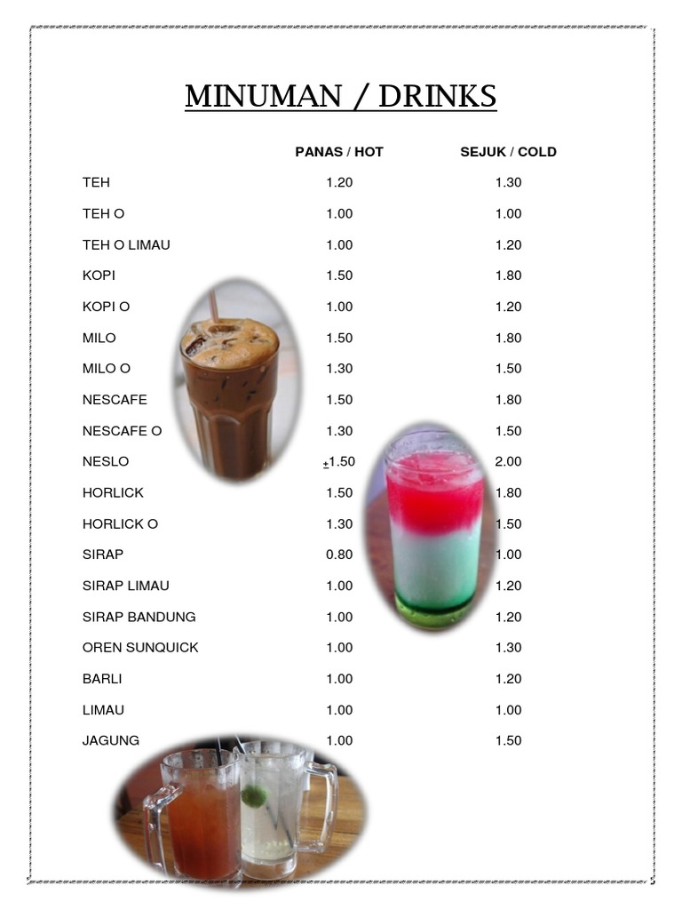 Menu of Hot and Cold Drinks | PDF | Cooking, Food & Wine