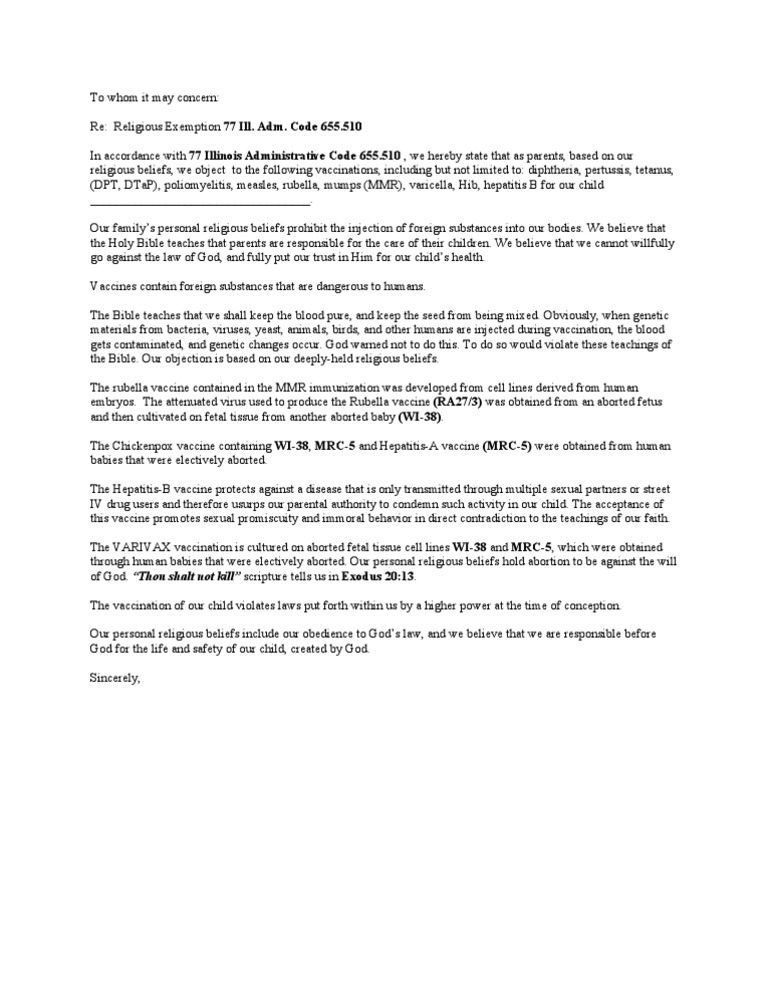 Illinois Religious Exemption Letter | PDF | Vaccines | Children&rsquo;s 