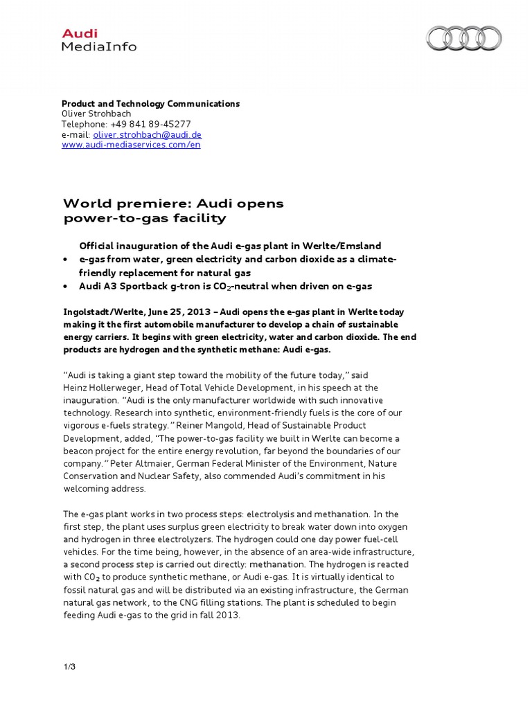 Audi Power To Gas News Media Sustainable Energy Biogas