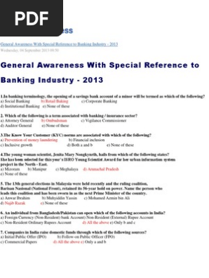Banking Awareness Pdf Reserve Bank Of India Banks