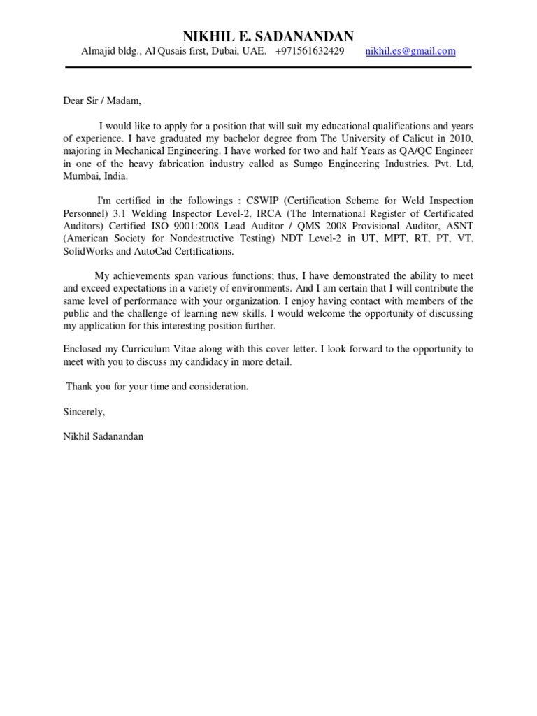 Nikhil E Sadanandan Cover Letter
