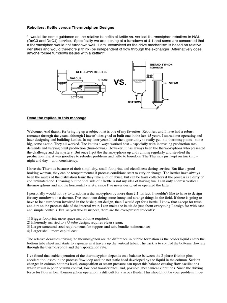 Reboilers Kettle Versus Thermosiphon Designs PDF Distillation