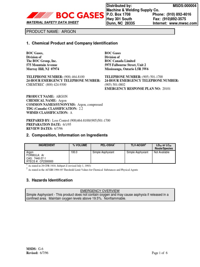 Msds of Argon Gas Argon Oxygen