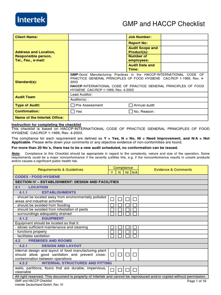 GMP and HACCP Checklist for Food Safety Audits PDF Hygiene Hazard