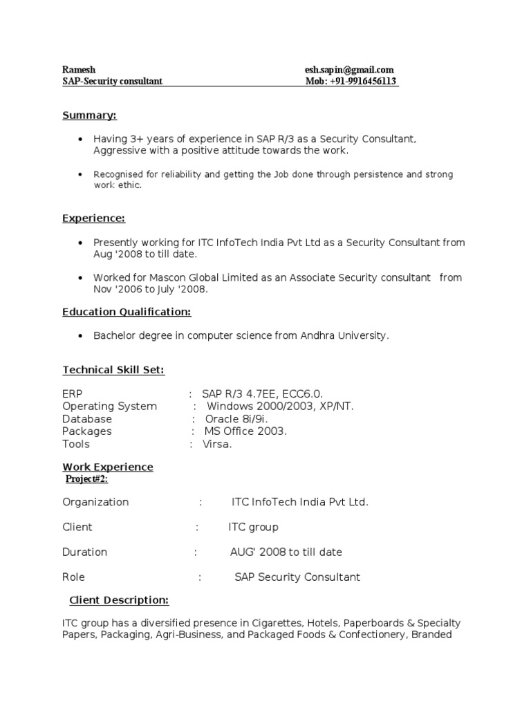 Sap Security Resume 2 PDF Security Technology Security Engineering