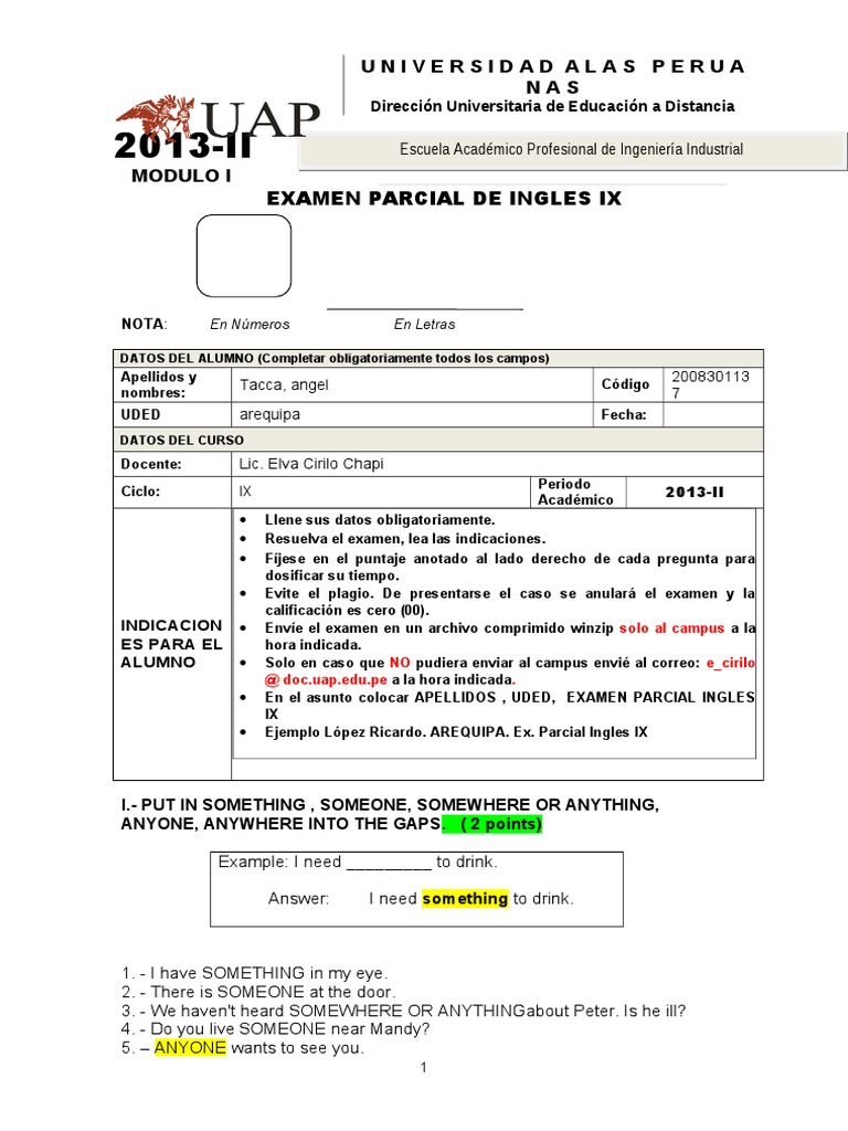 Examen Parcial Ingles Ix Julio 2013 PDF Books Publishing