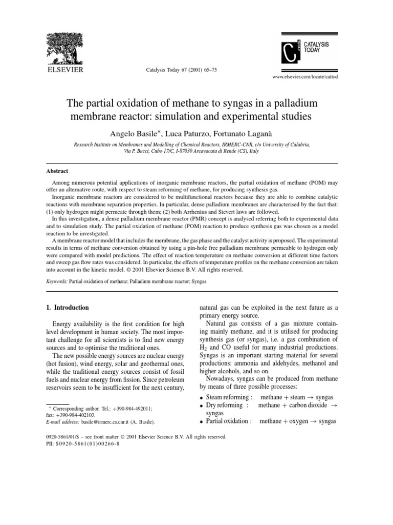 The Partial Oxidation of Methane To Syngas in A Palladium Membrane ...