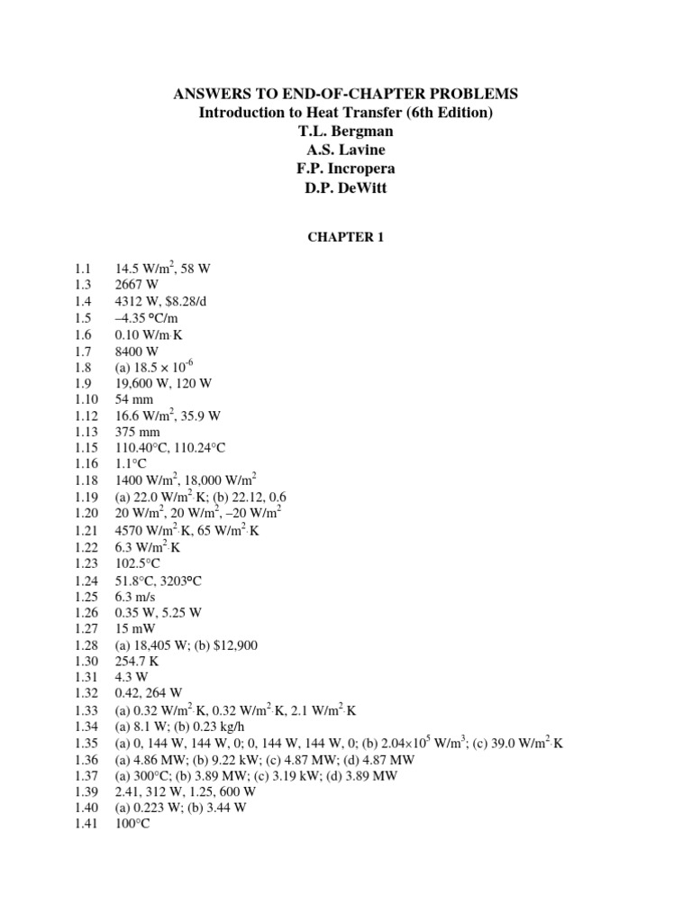 ANSWERS TO END-OF-CHAPTER PROBLEMS Introduction to Heat Transfer (6th  Edition)
