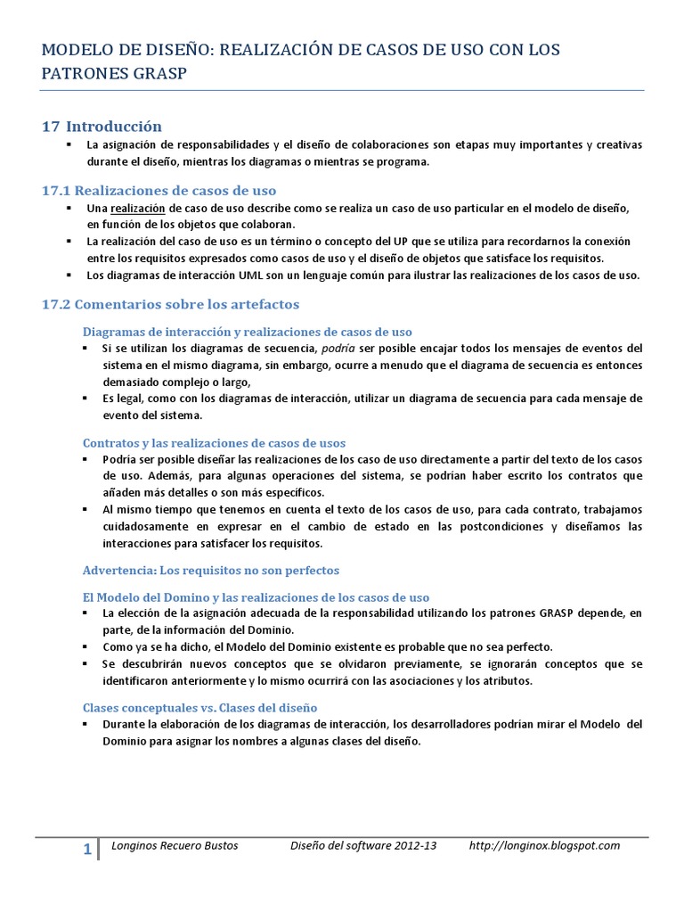 Modelo De Dise o Realizaci n De Casos De Uso Con Los Patrones Grasp PDF Caso De Uso 