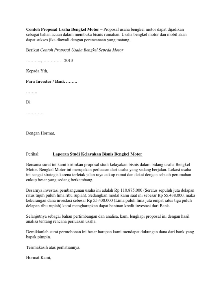 Contoh Proposal Usaha Bengkel Motor