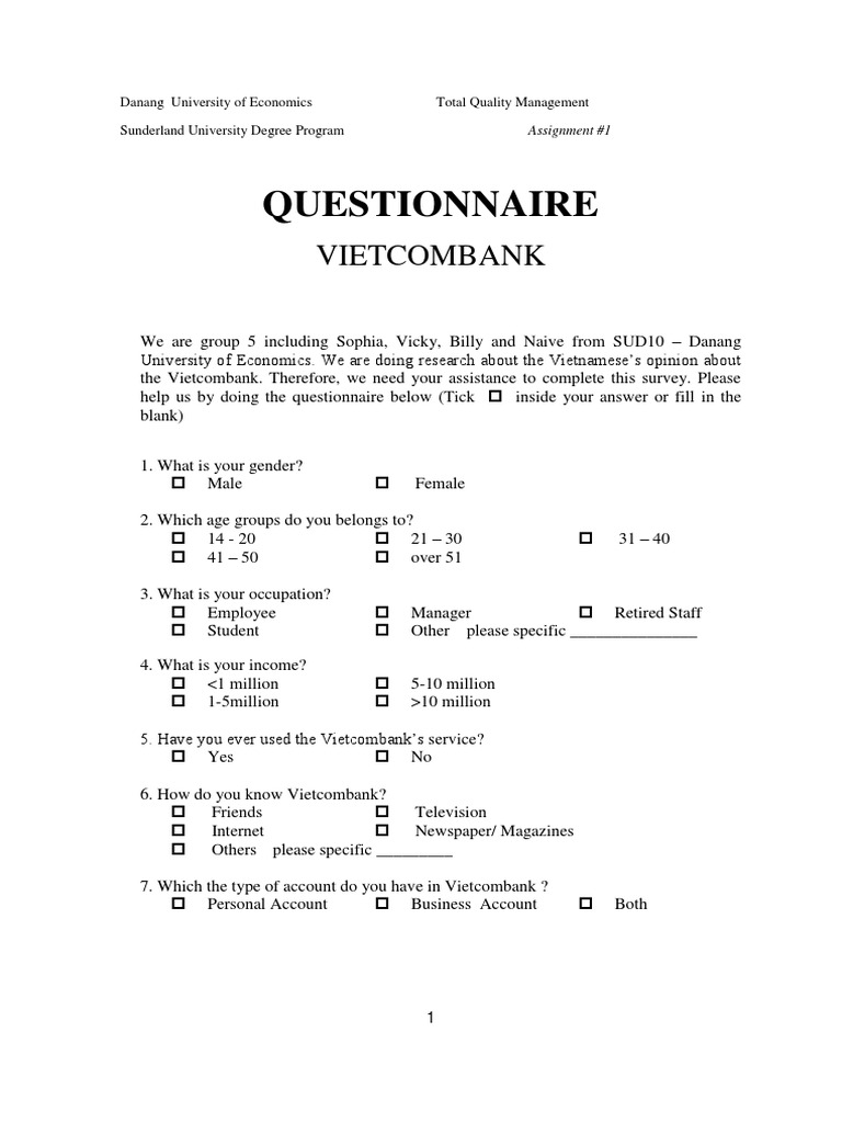 Vietcombank Service Survey Questionnaire | PDF