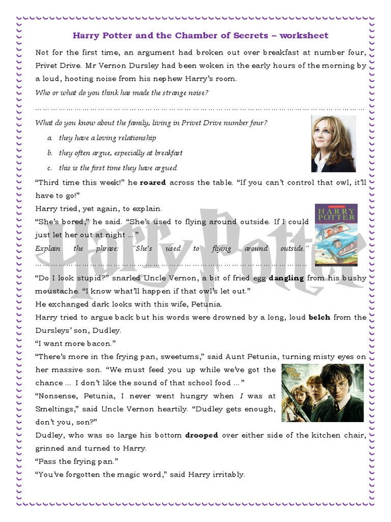 harry potter and the chamber of secrets worksheet harry