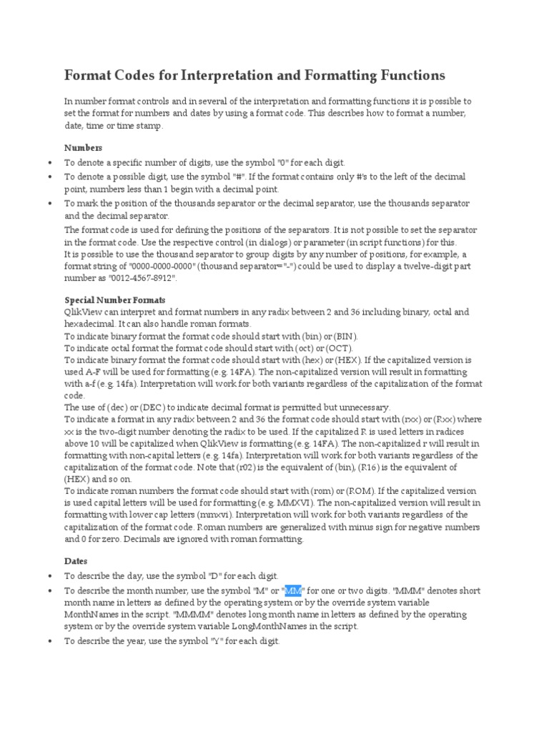 Format Codes For Interpretation Formatting Functions | PDF | Notation ...