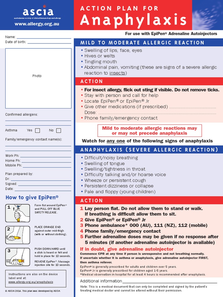 Ascia Action Plan Anaphylaxis Epipen Personal 2014 | PDF | Epinephrine ...